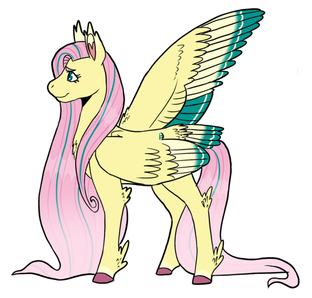 Size: 1280x1224 | Tagged: safe, artist:aspen--trees, derpibooru import, fluttershy, pegasus, pony, chest fluff, colored ear fluff, colored hooves, colored wings, colored wingtips, elbow fluff, feathered fetlocks, female, image, mare, multicolored wings, one wing out, outline, png, profile, simple background, smiling, solo, standing, tail, tail feathers, transparent background, white outline, wings