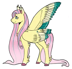 Size: 1280x1224 | Tagged: safe, artist:aspen--trees, derpibooru import, fluttershy, pegasus, pony, chest fluff, colored ear fluff, colored hooves, colored wings, colored wingtips, elbow fluff, feathered fetlocks, female, image, mare, multicolored wings, one wing out, outline, png, profile, simple background, smiling, solo, standing, tail, tail feathers, transparent background, white outline, wings