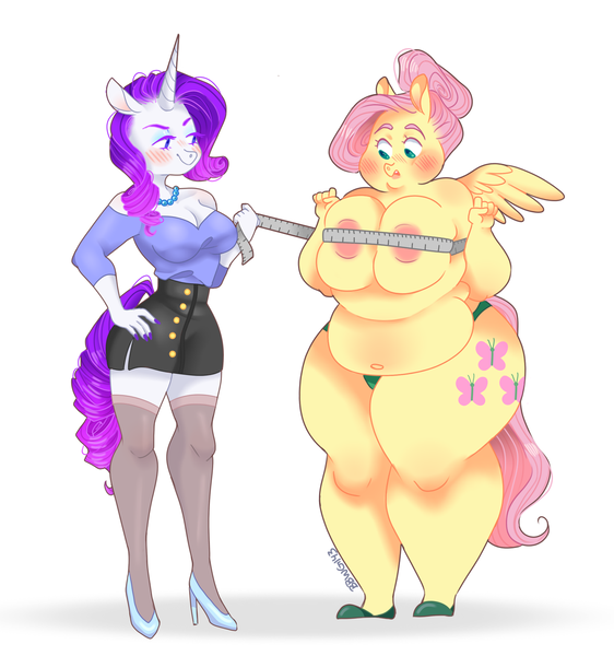 Size: 1280x1366 | Tagged: questionable, artist:bbwgoddess143, derpibooru import, fluttershy, rarity, anthro, pegasus, plantigrade anthro, unicorn, alternate hairstyle, areola, bbw, big areola, blushing, breasts, busty fluttershy, busty rarity, cleavage, clothes, fat, fattershy, female, flarity, high heels, image, lesbian, measuring tape, obese, panties, partial nudity, png, shipping, shoes, simple background, skirt, socks, stockings, thigh highs, thighs, thunder thighs, topless, underwear, white background