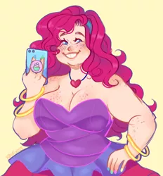 Size: 1280x1379 | Tagged: suggestive, artist:bbwgoddess143, derpibooru import, pinkie pie, human, big breasts, boob freckles, bracelet, breasts, busty pinkie pie, chest freckles, clothes, dress, fat, female, freckles, grin, hand on hip, humanized, image, jewelry, looking at you, mobile phone, necklace, phone, png, pudgy pie, selfie, simple background, smartphone, smiling, smiling at you, solo, solo female, yellow background