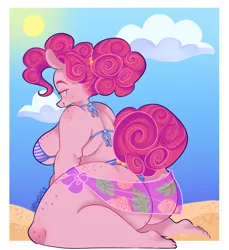 Size: 1100x1200 | Tagged: suggestive, artist:bbwgoddess143, derpibooru import, pinkie pie, anthro, earth pony, plantigrade anthro, ass, balloonbutt, bbw, beach, bedroom eyes, big breasts, bikini, boob freckles, breasts, busty pinkie pie, butt, chest freckles, clothes, fat, female, freckles, hip freckles, image, kneeling, looking at you, looking back, looking back at you, png, pudgy pie, sarong, shoulder freckles, sideboob, solo, solo female, swimsuit