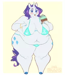 Size: 1280x1477 | Tagged: suggestive, artist:bbwgoddess143, derpibooru import, rarity, anthro, pony, unguligrade anthro, unicorn, big breasts, bikini, blushing, bracelet, breasts, busty rarity, clothes, fat, female, food, huge breasts, ice cream, image, impossibly large thighs, impossibly wide hips, jewelry, jpeg, mare, raritubby, sagging breasts, simple background, solo, solo female, swimsuit, thighs, thunder thighs, wide hips, yellow background