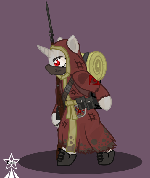 Size: 4245x5021 | Tagged: safe, artist:devorierdeos, derpibooru import, oc, unofficial characters only, unicorn, fallout equestria, bayonet, belt kit, bipedal, boots, cassock, clothes, cultist, dirt, face mask, gun, image, mask, mosin nagant, png, preacher, red eye army, rifle, shoes, simple background, sleeping bag, unity, wanderer, weapon