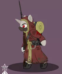 Size: 4245x5021 | Tagged: safe, artist:devorierdeos, derpibooru import, oc, unofficial characters only, unicorn, fallout equestria, bayonet, belt kit, bipedal, boots, cassock, clothes, cultist, dirt, face mask, gun, image, mask, mosin nagant, png, preacher, red eye army, rifle, shoes, simple background, sleeping bag, unity, wanderer, weapon