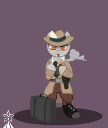 Size: 4245x5021 | Tagged: safe, artist:devorierdeos, derpibooru import, oc, unofficial characters only, earth pony, fallout equestria, bipedal, cigarette, clothes, detective, gun, handgun, hat, holster, image, necktie, pistol, png, simple background, smoking, suitcase, trenchcoat, weapon, zippo