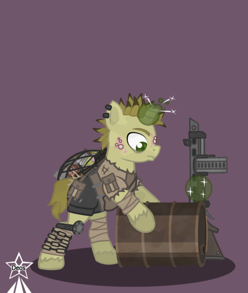Size: 4245x5021 | Tagged: questionable, artist:devorierdeos, derpibooru import, oc, unofficial characters only, fallout equestria, barrel, broken horn, chains, dyed hair, ear piercing, gun, horn, image, mohawk, piercing, png, raider, shotgun, simple background, sparkle cola, ulcer, weapon