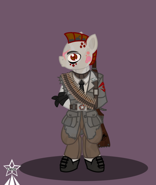 Size: 4245x5021 | Tagged: safe, artist:devorierdeos, derpibooru import, oc, unofficial characters only, earth pony, fallout equestria, bipedal, clothes, dyed hair, gun, image, machine gun belt, military uniform, mohawk, mosin nagant, officer, png, red eye army, rifle, simple background, slaver, torn clothes, ulcers, uniform, weapon