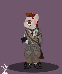 Size: 4245x5021 | Tagged: safe, artist:devorierdeos, derpibooru import, oc, unofficial characters only, earth pony, fallout equestria, bipedal, clothes, dyed hair, gun, image, machine gun belt, military uniform, mohawk, mosin nagant, officer, png, red eye army, rifle, simple background, slaver, torn clothes, ulcers, uniform, weapon