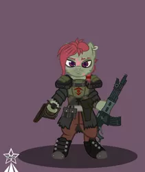 Size: 4245x5021 | Tagged: safe, artist:devorierdeos, derpibooru import, oc, unofficial characters only, earth pony, fallout equestria, armor, assault rifle, belt kit, bipedal, ear piercing, gun, handgun, image, piercing, pistol, png, raider, red eye army, rifle, scrunchie, shoulder armor, simple background, ulcers, weapon