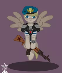 Size: 4245x5021 | Tagged: safe, artist:devorierdeos, derpibooru import, oc, unofficial characters only, pegasus, fallout equestria, assault rifle, beret, bulletproof vest, gun, hat, image, landing forses, paratrooper, png, rifle, shoulder armor, simple background, soldier's badge, spread wings, stalliongrad, stripped vest, watch, weapon, wings