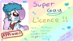 Size: 1195x679 | Tagged: safe, artist:beamybutt, derpibooru import, oc, unofficial characters only, dog, dog pony, original species, :p, commission, ear fluff, floppy ears, heterochromia, id card, image, license, neckerchief, png, solo, tongue out, ych result