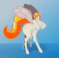 Size: 1280x1252 | Tagged: suggestive, artist:sanfin, derpibooru import, oc, unofficial characters only, alicorn, anthro, unguligrade anthro, abstract background, alicorn oc, bedroom eyes, big breasts, breasts, butt, disproportional anatomy, erect nipples, female, horn, huge breasts, huge butt, image, impossibly large breasts, jpeg, large butt, nipple outline, solo, solo female, tiny torso, wings