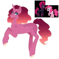 Size: 1800x1800 | Tagged: safe, artist:purplegrim40, derpibooru import, pinkie pie, tempest shadow, oc, earth pony, pony, unicorn, bedr, bedroom eyes, colored hooves, horn, image, magical lesbian spawn, offspring, parent:pinkie pie, parent:tempest shadow, parents:tempestpie, png, simple background, transparent background, unicorn oc