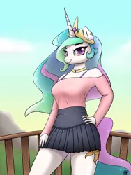 Size: 3000x4000 | Tagged: safe, artist:naen, derpibooru import, princess celestia, alicorn, anthro, plantigrade anthro, pony, bra, candy, clothes, crown, ear piercing, earring, female, food, happy, image, jewelry, lollipop, mare, miniskirt, mountain, off shoulder, off shoulder sweater, piercing, pleated skirt, png, regalia, scenery, skirt, smiling, solo, sweater, underwear, wingless, wingless anthro