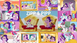 Size: 1969x1107 | Tagged: safe, derpibooru import, edit, edited screencap, editor:quoterific, screencap, hitch trailblazer, izzy moonbow, pipp petals, sunny starscout, zipp storm, earth pony, pegasus, pony, unicorn, mane melody, my little pony: tell your tale, sisters take flight, zipp's flight school, spoiler:g5, spoiler:my little pony: tell your tale, spoiler:tyts01e02, spoiler:tyts01e03, spoiler:tyts01e05, spoiler:tyts01e12, spoiler:tyts01e15, spoiler:tyts01e17, spoiler:tyts01e22, alternate hairstyle, beach, blanket, blushing, bouquet, bucket, clothes, dirt, drool, female, flower, frown, g5, grin, hair styling, hard hat, hat, headband, heart, hoof on chest, image, jewelry, looking at each other, looking at someone, making a foal of me, mane five (g5), mare, microphone, mobile phone, multicolored hair, nervous, nervous grin, offscreen character, open mouth, open smile, phone, png, queens for a day, rainbow hair, regalia, royal sisters (g5), selfie, siblings, sisters, sleeping, smartphone, smiling, spoon, sunglasses, sunset, the game is ahoof, throne, zipp's yes day