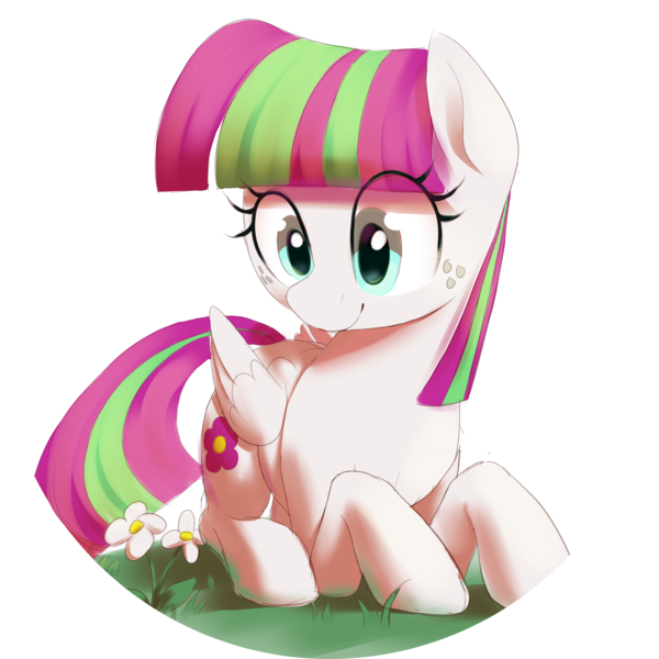 Size: 2572x2572 | Tagged: safe, artist:thebatfang, derpibooru import, blossomforth, pegasus, pony, circle background, cute, eye clipping through hair, eyelashes, female, flower, folded wings, freckles, image, lying down, mare, png, prone, smiling, solo, wings