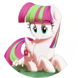Size: 2572x2572 | Tagged: safe, artist:thebatfang, derpibooru import, blossomforth, pegasus, pony, circle background, cute, eye clipping through hair, eyelashes, female, flower, folded wings, freckles, image, lying down, mare, png, prone, smiling, solo, wings