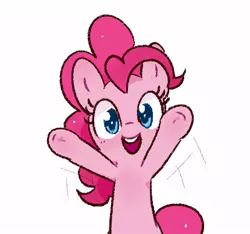 Size: 430x403 | Tagged: safe, artist:fipoki, derpibooru import, pinkie pie, earth pony, pony, bipedal, cute, diapinkes, female, image, jpeg, looking at you, mare, motion lines, open mouth, open smile, raised hoof, simple background, smiling, solo, teeth, white background
