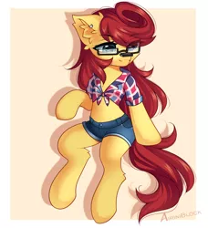 Size: 1264x1387 | Tagged: safe, artist:airiniblock, derpibooru import, oc, oc:golden, unofficial characters only, pony, clothes, commission, cute, ear fluff, eye clipping through hair, eyebrows, eyebrows visible through hair, glasses, image, png, rcf community, shirt, shorts, solo