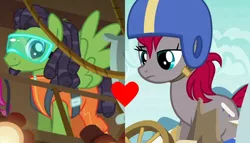 Size: 1464x836 | Tagged: safe, derpibooru import, edit, edited screencap, screencap, crimson skate, geronimo, scootaloo, earth pony, pegasus, pony, on your marks, the cart before the ponies, clothes, dreadlocks, facial hair, female, goatee, goggles, harness, heart, helmet, image, jumpsuit, male, png, shipping, shipping domino, skateonimo, skateronimo, straight, tack, unamused, wreckage