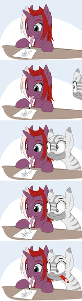 Size: 500x1820 | Tagged: questionable, artist:doomy, oc, unofficial characters only, anthro, pony, unicorn, zebra, breasts, crude drawing, desk, drawing, female, image, mare, mouth hold, pencil, png, quadrupedal, red pencil, rule 63, stick figure, sweat, sweating profusely