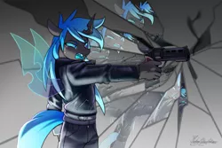 Size: 3000x2000 | Tagged: safe, artist:jedayskayvoker, derpibooru import, oc, oc:kryostasis, anthro, changeling, angry, changeling oc, clothes, cracks, crying, denim, eyebrows, fangs, gun, handgun, horn, image, jacket, jeans, leather, leather jacket, male, pants, png, revolver, solo, spread wings, tears of pain, teary eyes, weapon, wings