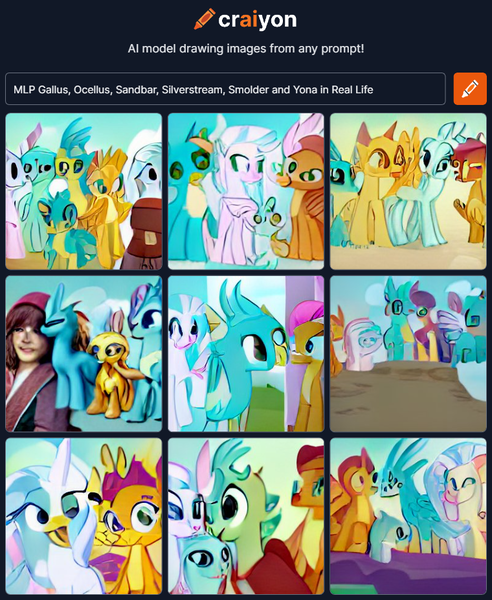 Size: 760x926 | Tagged: safe, craiyon, dall·e mini, derpibooru import, machine learning generated, gallus, ocellus, sandbar, silverstream, smolder, yona, changedling, changeling, classical hippogriff, dragon, earth pony, gryphon, hippogriff, pony, yak, image, png, student six