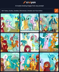 Size: 760x926 | Tagged: safe, craiyon, dall·e mini, derpibooru import, machine learning generated, gallus, ocellus, sandbar, silverstream, smolder, yona, anthro, changedling, changeling, classical hippogriff, dragon, earth pony, gryphon, hippogriff, yak, image, png, student six