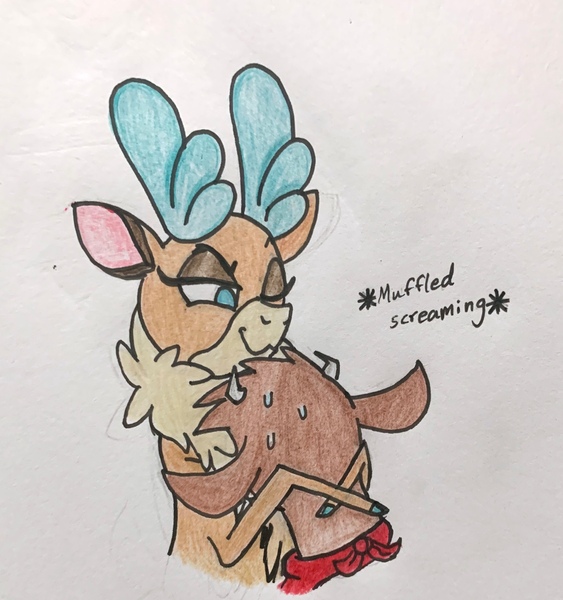 Size: 2400x2558 | Tagged: safe, artist:littlemissyxdl, derpibooru import, velvet reindeer, cow, deer, reindeer, them's fightin' herds, arizona (tfh), calf, community related, image, jpeg, suffocating, sweat, traditional art