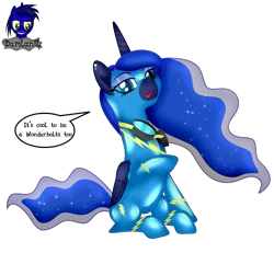 Size: 4154x3840 | Tagged: safe, artist:damlanil, derpibooru import, princess luna, alicorn, pony, bodysuit, catsuit, clothes, comic, cute, ear piercing, ethereal mane, eyeshadow, female, galaxy mane, goggles, horn, image, jewelry, latex, latex suit, looking at you, makeup, mare, piercing, png, rubber, shiny, shiny mane, show accurate, simple background, sitting, smiling, smiling at you, solo, speech bubble, suit, text, transparent background, uniform, vector, wings, wonderbolts, wonderbolts uniform