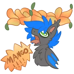 Size: 2000x2000 | Tagged: safe, artist:michini, derpibooru import, oc, oc:prismarine gale, bat pony, pony, drool, food, image, mango, png, screaming, simple background, speech bubble, text, transparent background