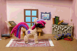 Size: 1500x1000 | Tagged: safe, artist:malte279, derpibooru import, moondancer, unicorn, animated, book, bookshelf, chenille, chenille stems, chenille wire, craft, gif, image, pipe cleaner sculpture, pipe cleaners, rotating, rotation, scroll