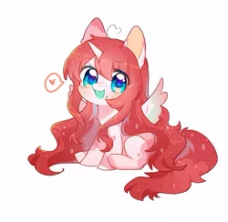 Size: 567x553 | Tagged: safe, artist:dreamsugar, derpibooru import, oc, unofficial characters only, alicorn, pony, chibi, commission, eye clipping through hair, female, heart, horn, image, jpeg, looking at you, open mouth, open smile, simple background, sitting, smiling, smiling at you, solo, speech bubble, spread wings, white background, wings