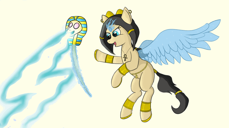 Size: 1250x700 | Tagged: safe, artist:sethisto, artist:theshadowscale, derpibooru import, oc, oc:sphinx, unofficial characters only, pony, animated, ankh, artificial wings, augmented, cinemagraph, egyptian, egyptian pony, gif, image, lightning, magic, magic wings, solo, wings