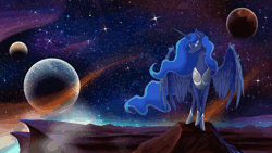 Size: 1280x720 | Tagged: safe, artist:stepandy, artist:theshadowscale, derpibooru import, princess luna, alicorn, pony, absurd file size, absurd gif size, animated, cinemagraph, cliff, ethereal mane, female, frown, gif, image, lidded eyes, mare, planet, scenery, sky, solo, space, spread wings, stars, wings