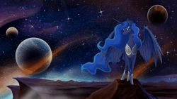 Size: 2560x1440 | Tagged: safe, artist:stepandy, artist:theshadowscale, derpibooru import, princess luna, alicorn, pony, absurd file size, animated, chest fluff, cinemagraph, cliff, ethereal mane, female, frown, image, lidded eyes, mare, planet, scenery, sky, solo, sound, space, spread wings, stars, webm, wings