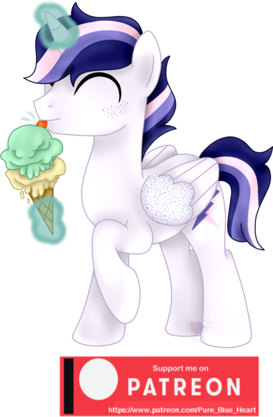 Size: 1280x1948 | Tagged: safe, artist:pure-blue-heart, derpibooru import, oc, oc:dusk bolt, unofficial characters only, alicorn, alicorn oc, food, freckles, horn, ice cream, image, magic, male, patreon, patreon logo, patreon reward, png, simple background, solo, telekinesis, transparent background, watermark, wings