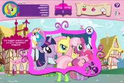 Size: 911x609 | Tagged: safe, derpibooru import, cheerilee, fluttershy, minty, pinkie pie, princess celestia, spike, twilight sparkle, dragon, earth pony, pegasus, pony, unicorn, adventures in ponyville, apple, cloud, cupcake, element of generosity, element of honesty, element of kindness, element of laughter, element of loyalty, element of magic, elements of harmony, eyes closed, food, fruit, image, jewelry, magic, map, megaphone, menu, necklace, png, ponyville, question mark, scroll, smiling, sparkles, unicorn twilight