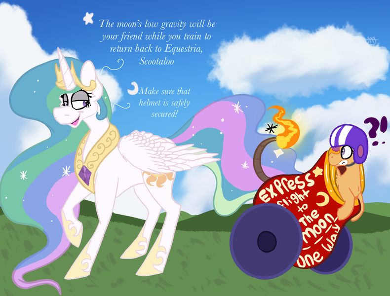 Size: 1168x887 | Tagged: safe, artist:~doughderg, derpibooru import, princess celestia, scootaloo, alicorn, pegasus, pony, cannon, cloud, crown, dialogue, duo, duo female, exclamation point, female, fuse, grass, grass field, helmet, image, interrobang, jewelry, png, pony cannonball, question mark, regalia, smug, this will end in tears and/or a journey to the moon, this will end in tears and/or death and/or covered in tree sap, to the moon, trollestia