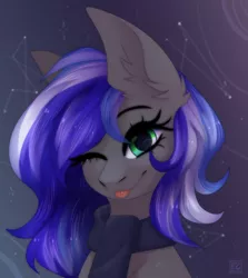 Size: 1840x2060 | Tagged: safe, artist:elektra-gertly, derpibooru import, oc, oc:flaming dune, unofficial characters only, pegasus, pony, :p, bust, clothes, commission, constellation, cute, ear fluff, female, green eyes, image, looking at you, mare, multicolored mane, night, night sky, one eye closed, pegasus oc, png, portrait, scarf, sky, smiling, smiling at you, solo, stars, tongue out, wings, wink, winking at you