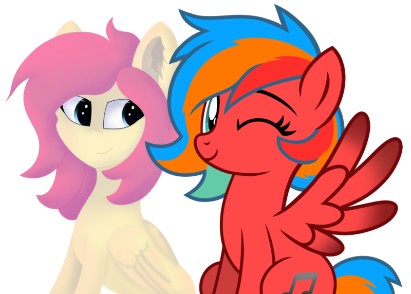 Size: 1000x715 | Tagged: safe, artist:gaffygaff, artist:jennieoo, derpibooru import, oc, oc:gaffy, oc:gentle star, pegasus, pony, female, friend, friends, gift art, happy, image, looking at you, mare, png, show accurate, simple background, smiling, spread wings, trade, transparent background, vector, wings