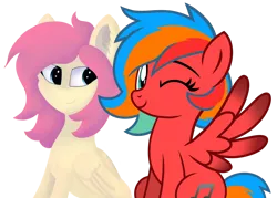 Size: 1000x715 | Tagged: safe, artist:gaffygaff, artist:jennieoo, derpibooru import, oc, oc:gaffy, oc:gentle star, pegasus, pony, female, friend, friends, gift art, happy, image, looking at you, mare, png, show accurate, simple background, smiling, spread wings, trade, transparent background, vector, wings