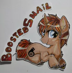 Size: 2822x2868 | Tagged: safe, artist:annuthecatgirl, derpibooru import, oc, oc:boosted snail, unofficial characters only, unicorn, badge, image, jpeg, solo, traditional art