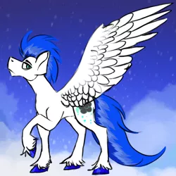 Size: 2283x2286 | Tagged: safe, artist:maplefr0st, artist:~doughderg, derpibooru import, oc, pegasus, pony, blue, blue eyes, cloud, cutie mark, hooves, image, large wings, multicolored hair, pegasus oc, png, snow, white, wings, winter