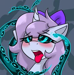 Size: 1276x1280 | Tagged: safe, artist:askhypnoswirl, derpibooru import, oc, oc:swirly daze, pony, unicorn, ahegao, blushing, bow, hair bow, hypno eyes, hypnosis, image, jpeg, open mouth, solo, tentacles, tongue out