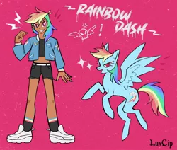 Size: 1534x1300 | Tagged: safe, artist:luxcip, derpibooru import, rainbow dash, human, pegasus, pony, belly button, belt, clothes, dark skin, ear piercing, earring, female, flying, grin, humanized, image, jacket, jewelry, jpeg, mare, midriff, nail polish, piercing, pink background, raised hoof, raised leg, self paradox, self ponidox, shoes, shorts, simple background, smiling, sneakers, socks, solo, sports bra, striped socks