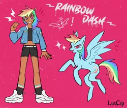 Size: 2048x1736 | Tagged: safe, artist:luxcip, derpibooru import, rainbow dash, human, pegasus, pony, belly button, belt, clothes, dark skin, ear piercing, earring, female, flying, grin, humanized, image, jacket, jewelry, jpeg, mare, midriff, nail polish, piercing, pink background, raised hoof, raised leg, self paradox, self ponidox, shoes, shorts, simple background, smiling, sneakers, socks, solo, sports bra, striped socks