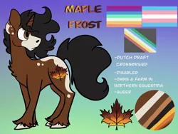 Size: 2224x1668 | Tagged: safe, artist:maplefr0st, derpibooru import, oc, oc:maple frost, unicorn, autumn, blotches, disabled, draft horse, draft pony, fall themed, image, png, pride flag, queer, reference sheet, spots, working horse