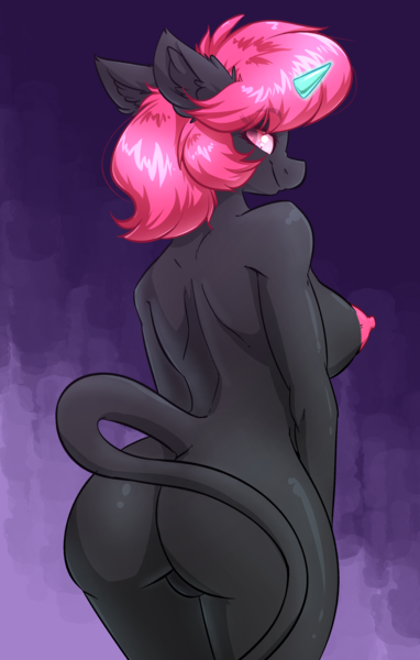 Size: 2152x3384 | Tagged: questionable, artist:witchtaunter, derpibooru import, oc, anthro, unicorn, breasts, butt, commission, ear fluff, female, glow, glowing horn, gradient background, horn, image, lidded eyes, long tail, looking at you, looking back, looking back at you, png, rear view, smiling, smiling at you, solo, solo female, tail