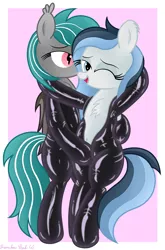 Size: 2662x4032 | Tagged: suggestive, artist:rainbowšpekgs, derpibooru import, oc, oc:haze northfleet, oc:malachite cluster, unofficial characters only, bat pony, pegasus, pony, arm behind head, bat pony oc, bat wings, bedroom eyes, belly button, beneath clothes, bipedal, chest fluff, chubby, clothes, duo, female, image, imminent sex, latex, latex suit, male, mare, oc x oc, one eye closed, open mouth, png, shipping, simple background, stallion, standing, straight, undressing, unzipping, wings